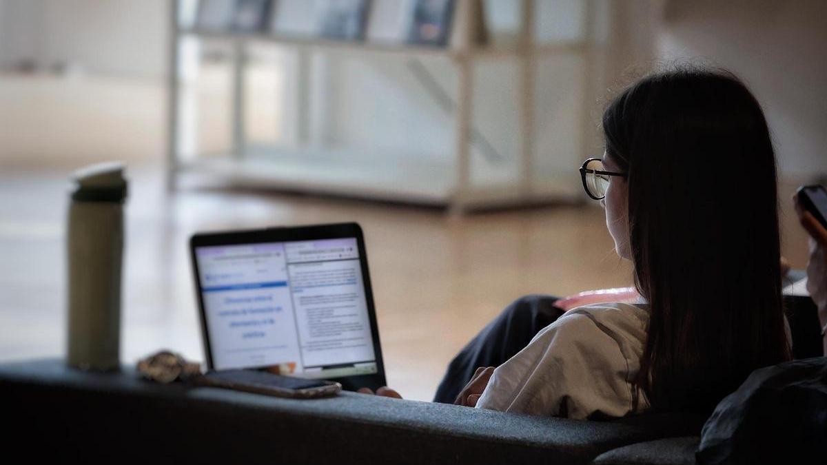 Una joven estudia con su ordenador.