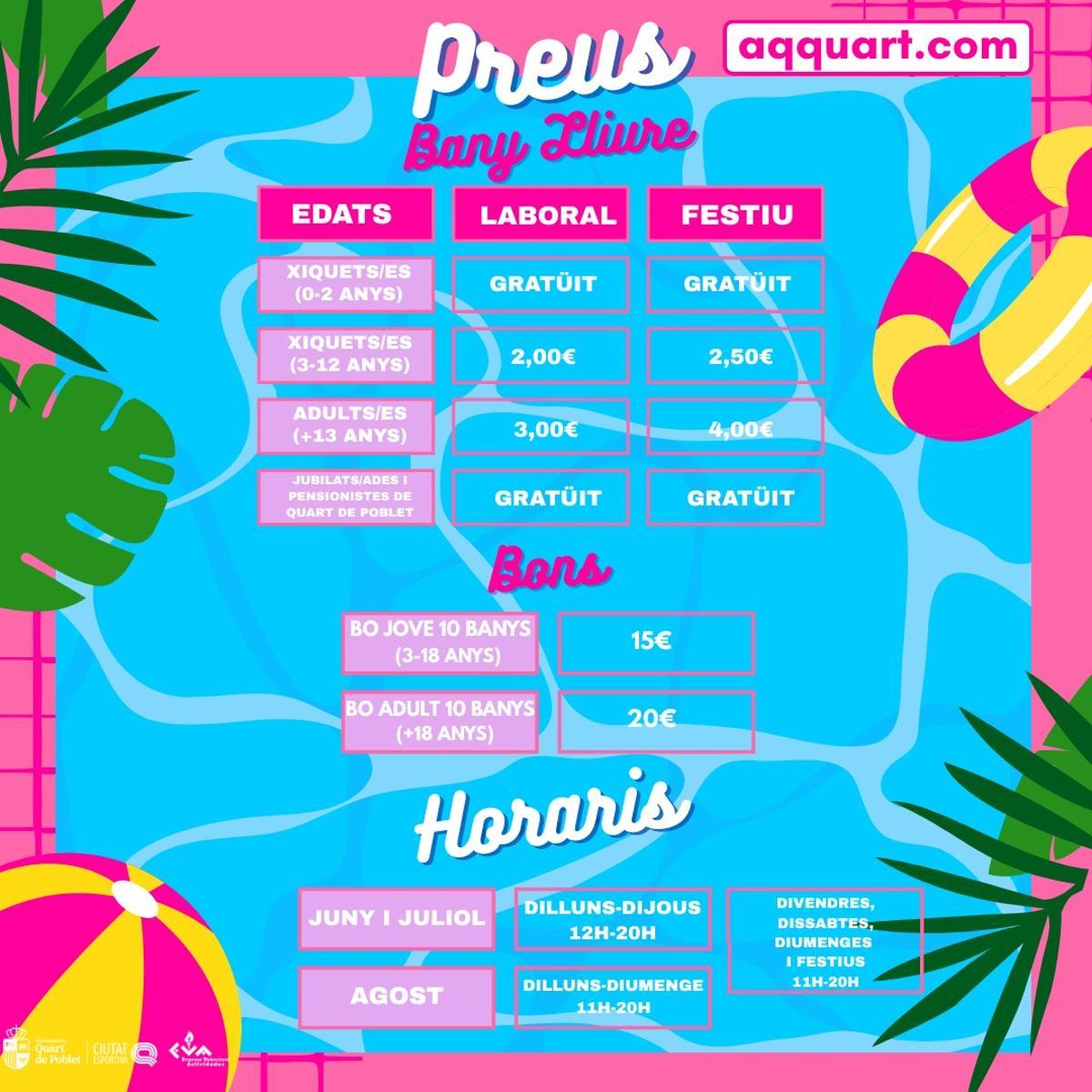 Precios y horarios de la Piscina de Verano de Quart de Poblet.