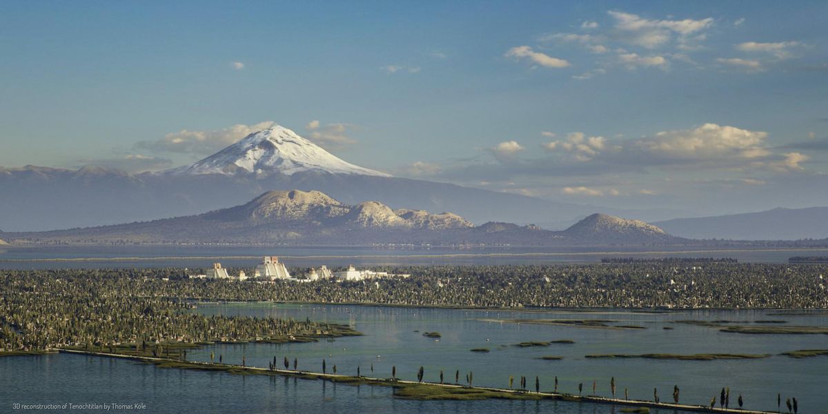 Esta imagen proviene del proyecto digital «Tenochtitlan.thomaskole.nl», en el que se reconstruye en 3D la antigua capital mexica. Las imágenes de Tenochtitlán son obra de Thomas Kole.