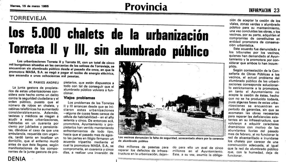 Artículo de INFORMACIÓN  sobre las graves deficiencias en la construcción de Las Torretas fechada en 1985