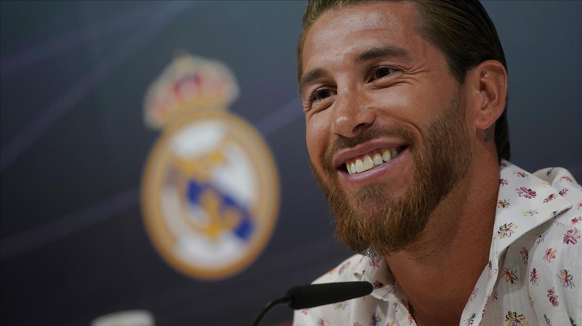 Sergio Ramos, el capitán del Madrid, en su comparecencia ante la prensa, esta tarde en Valdebebas.