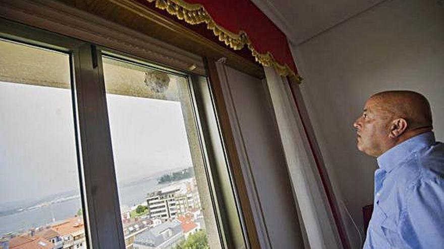 Uno de los afectados observa un nido de velutinas a pocos centímetros de su ventana.