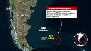 Infografía con localización del pesquero Arcos Georgia naufragado en las proximidades de las islas Malvinas, donde han fallecido al menos seis personas y siete han desaparecido. Salvamento Marítimo detalló que la última conversación con el barco tuvo lu