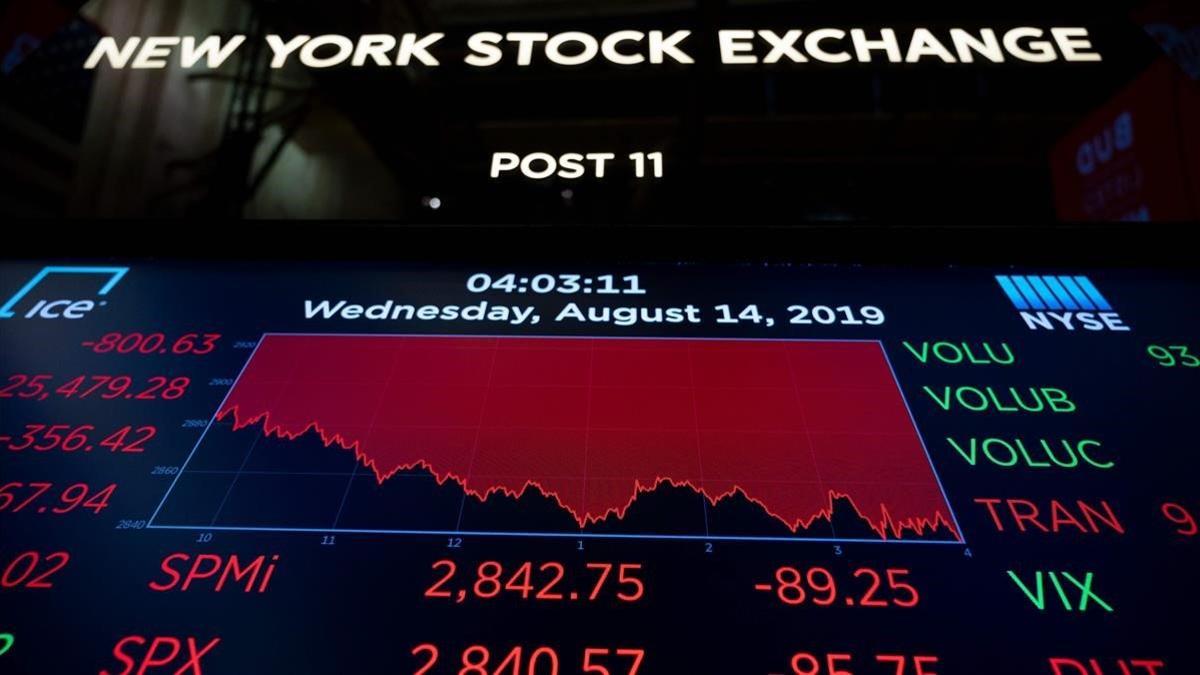 Panel con la caída de Wall Street del 14 de agosto del 2019