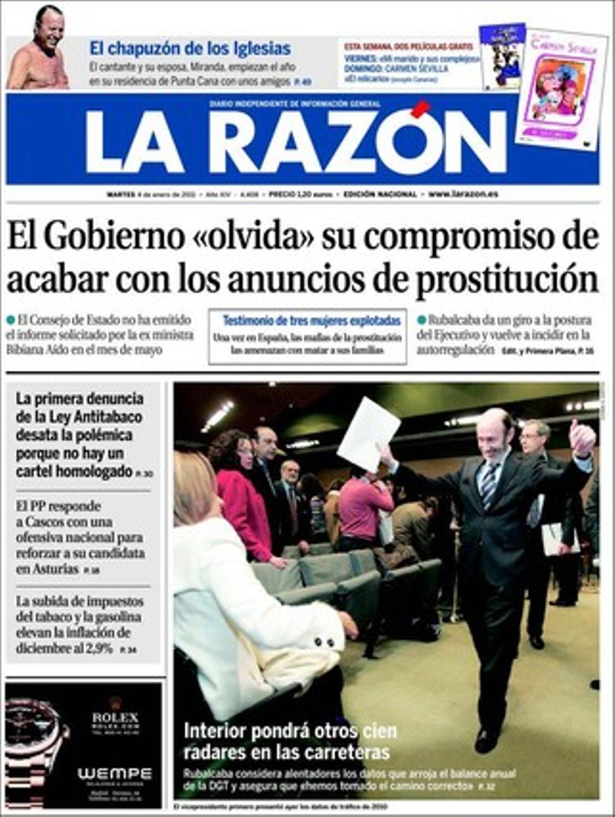 ’La Razón’ destaca a més que un exregidor del PNB, Iñaki San Juan, no va comparèixer en la investigació del Parlament basc per l’escàndol per xantatges; que el PSOE encara confia en la remuntada malgrat el revés de les enquestes; i que el Ministeri d’Afers Estrangers va trigar quatre dies a informar del segrest de dos mariners gallecs per pirates de l’Índic.
