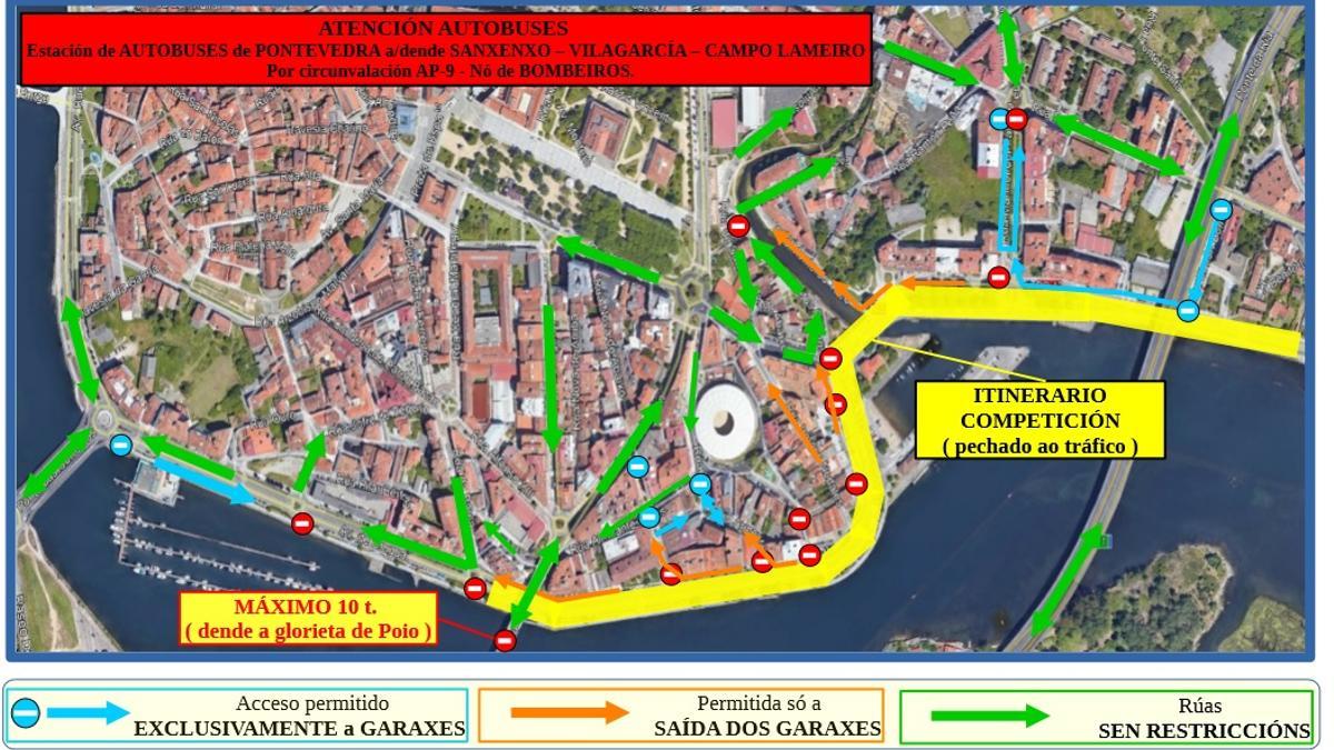 Plano de restricciones en la zona urbana de Pontevedra