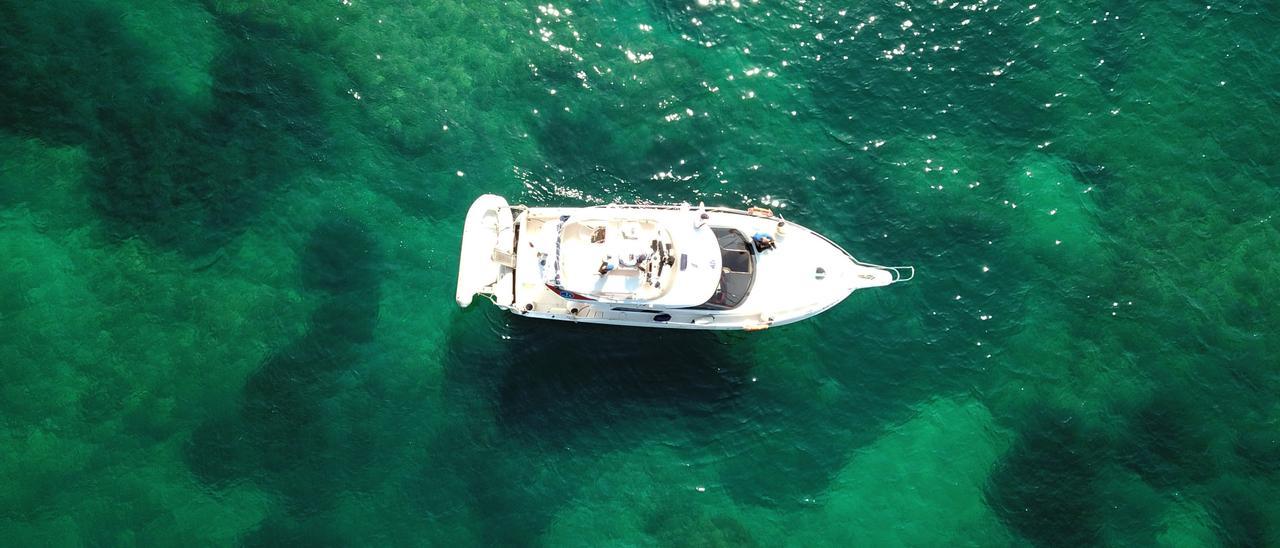 Una embarcació navega sobre una prada de posidònia oceànica