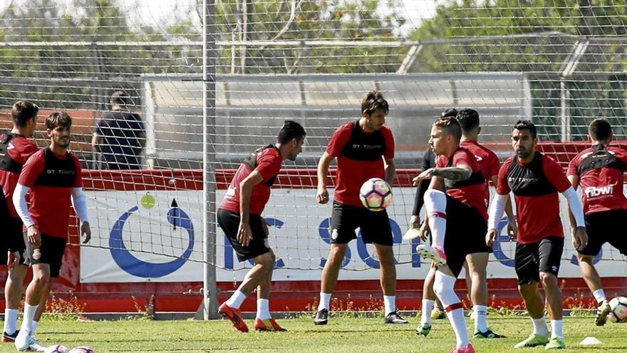 Los jugadores del Mallorca se ejercitan durante la sesión del viernes en Son Bibiloni.