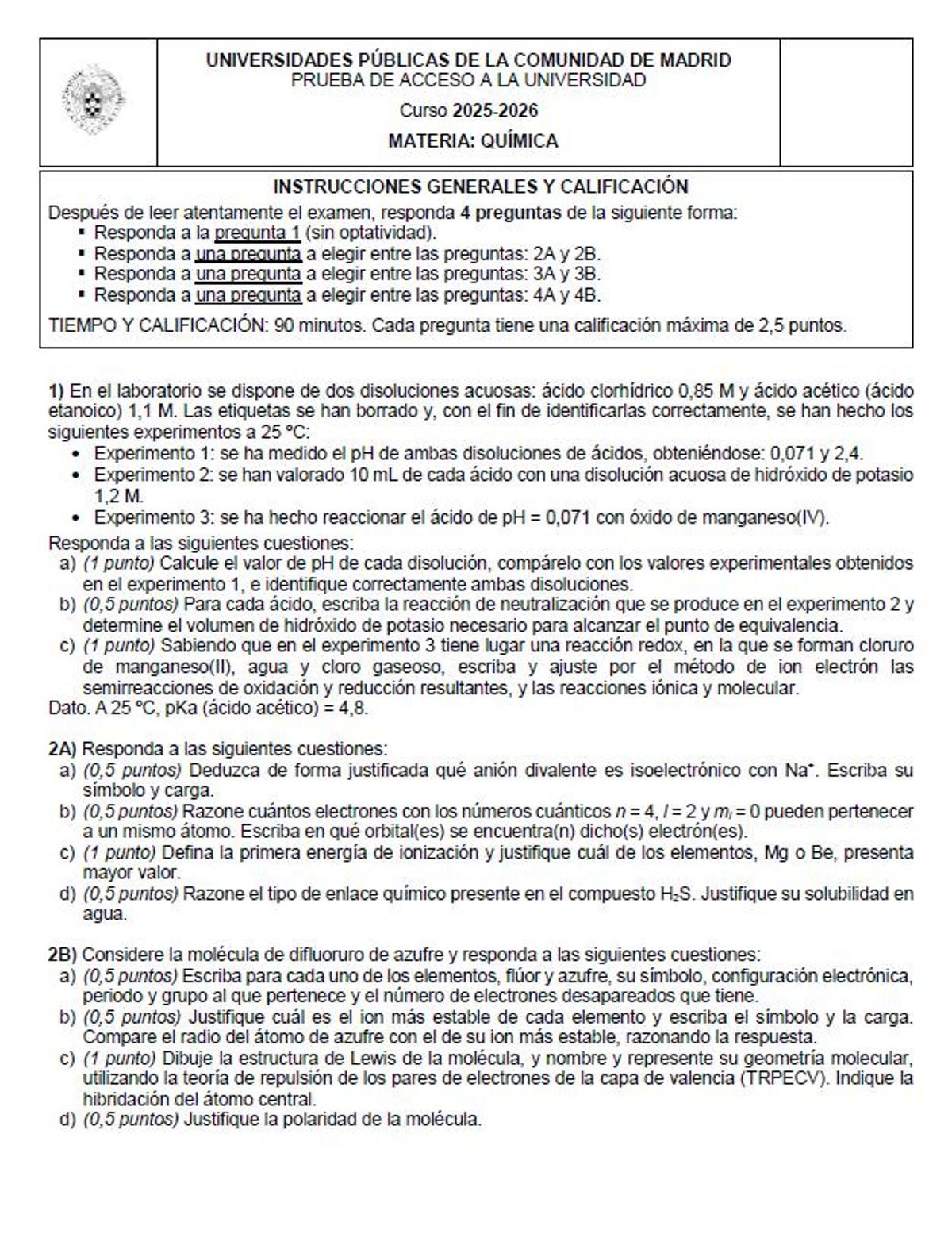 Examen de Química de la PAU extraordinaria de Madrid