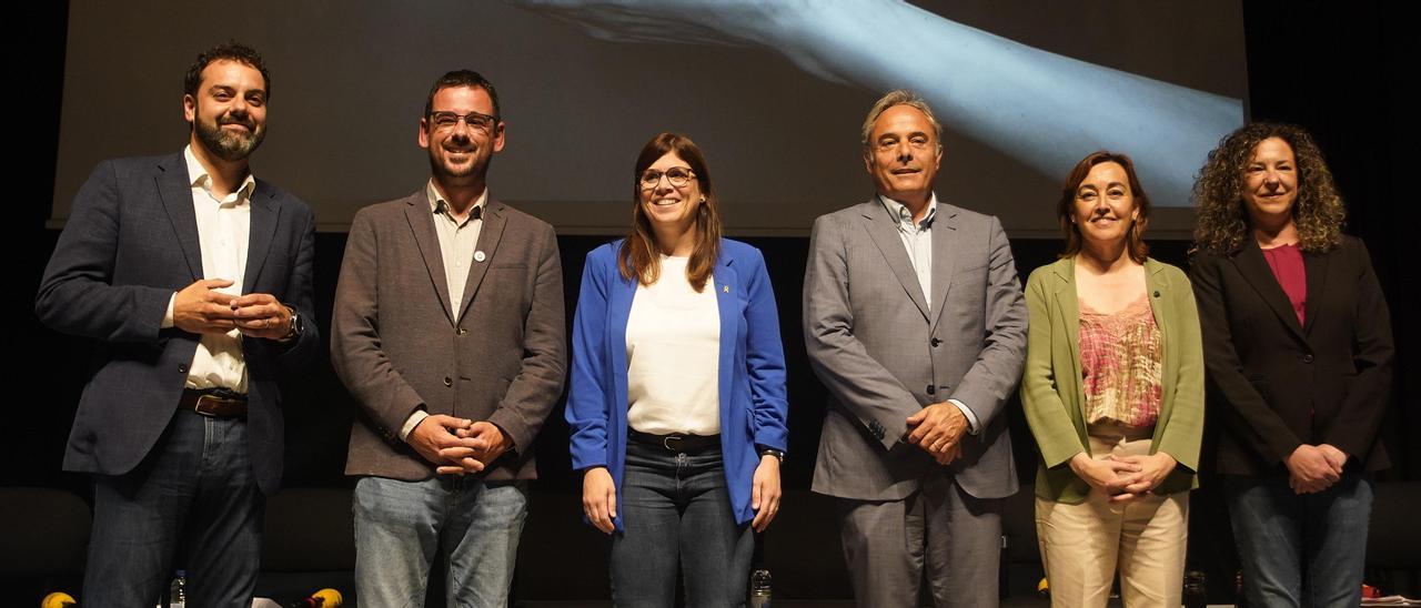 Els candidats gironins: Quim Ayats (ERC), Lluc Salellas (Guanyem), Gemma Geis (Junts), Carles Ribas (Ara-Pacte Local), Sílvia Paneque (PSC) i Camino Fernández (Ciutadans).