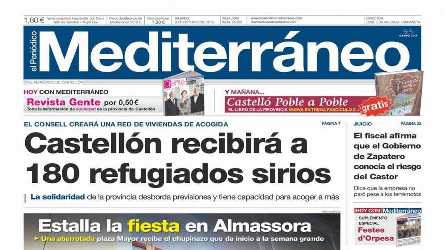 Castellón recibirá a 180 refugiados sirios, hoy en la portada de Mediterráneo