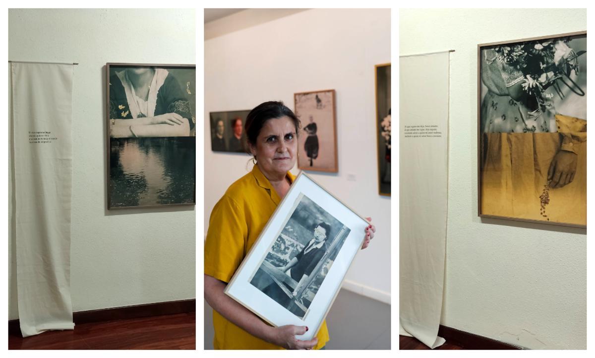 Carmen Santamarina, en el centro, en una imagen de archivo. A derecha e izquierda aparecen dos de las obras de la muestra que se puede ver en Grado.