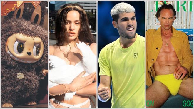 En el centro, Rosalía y Alcaraz, rodeados de un Labubu y la portada de Cultured Mag con el actor Walton Goggins.