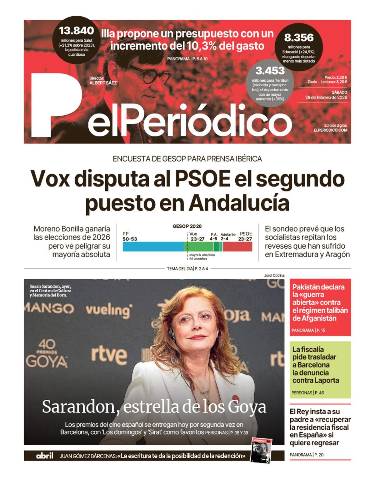 La portada de EL PERIÓDICO del 28 de febrero de 2026