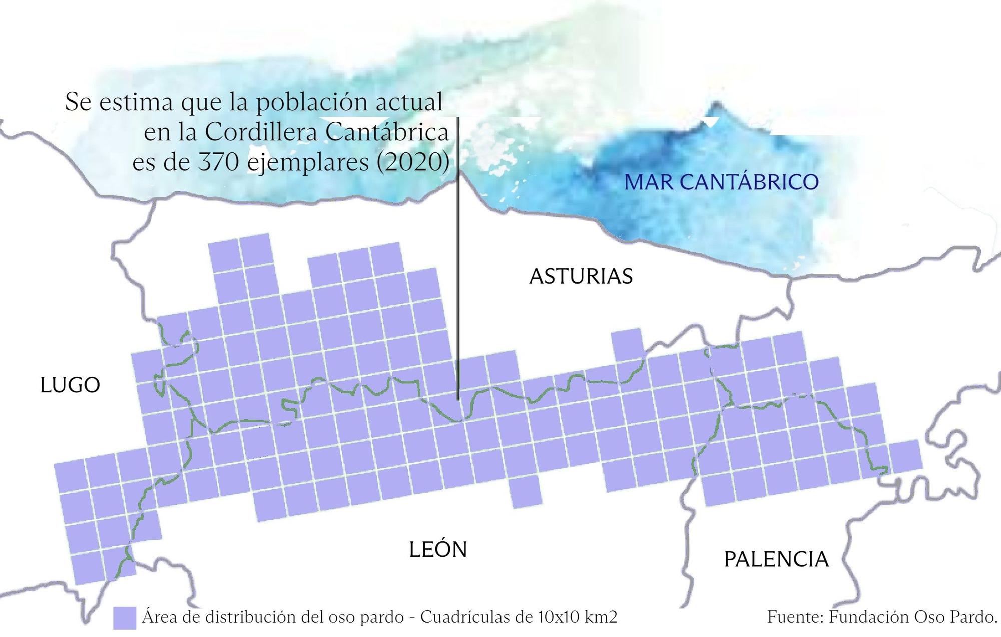 Mapa de la zona donde se encuentra el oso pardo en la Cordilla Cantábrica.