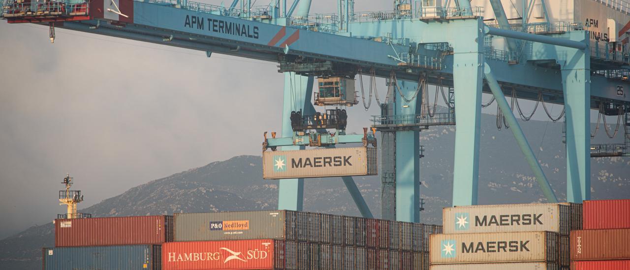 Los buques ,Maersk Denver y Mary Maersk, en  la terminal de APM, gestionada por Maerks en el puerto de Algeciras (Cádiz).