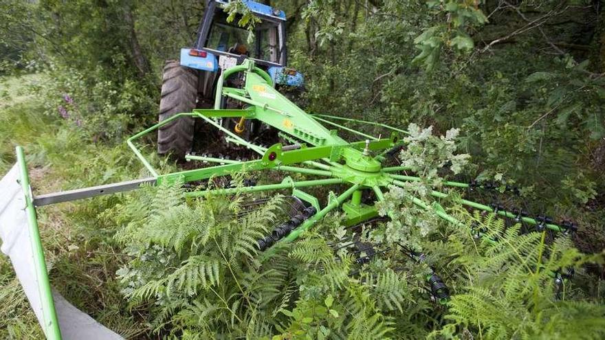 Una imagen del tractor accidentado en la mañana de ayer en una finca de Leboso de la parroquia forcaricense de Quintillán. // Bernabé / Cris M.V.