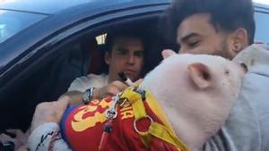 Riqui Puig firma sobre un cerdo a la salida del Camp Nou, este jueves.
