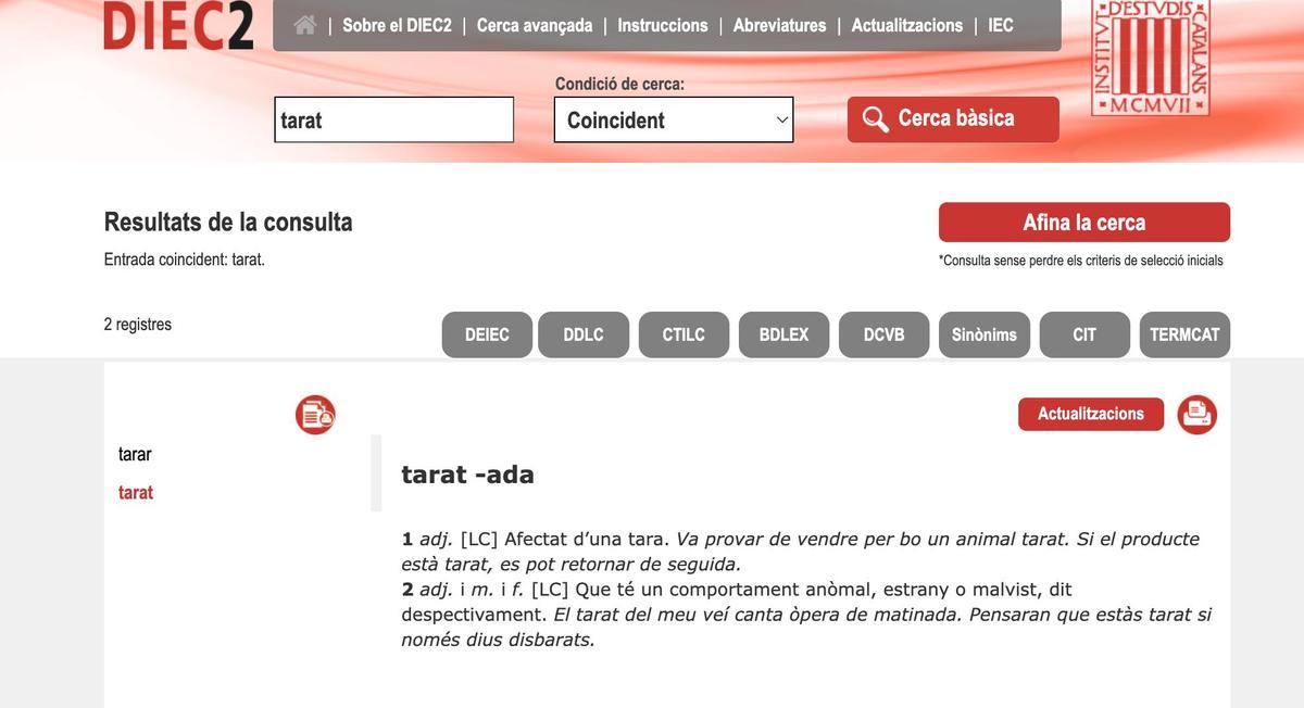 Entrada del diccionario del IEC sobre la acepción 'tarat'
