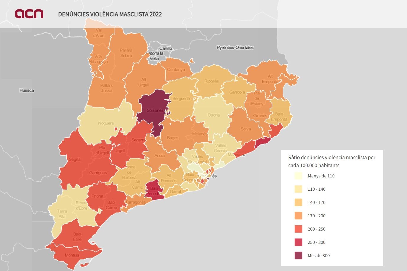 Mapa amb les denúncies per violència masclista per cada 100.000 habitants per Àrea Bàsica Policial (ABP) de gener a octubre del 2022.