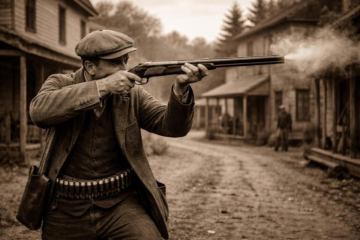 Recreación de un hombre armado en un entorno rural.