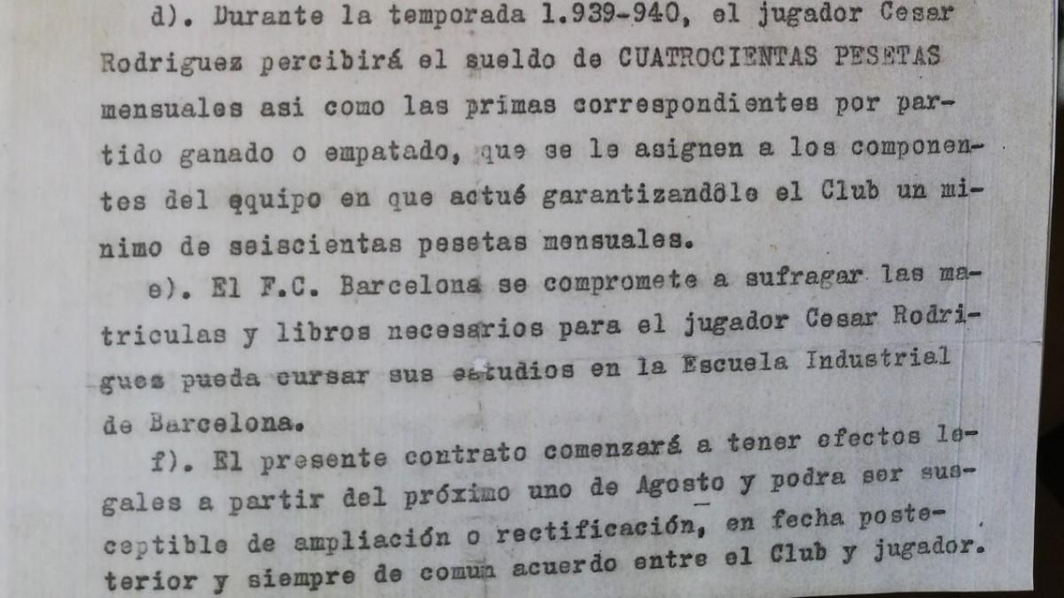 Este es el segundo fragmento del contrato de César con el Barça del año 1939