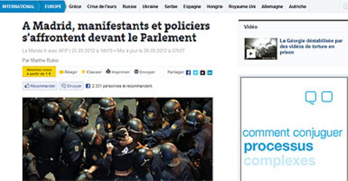 Captura de la web de ’Le Monde’, amb una foto de la protesta davant el Congrés. Captura de la web de ’Le Monde’, amb una foto de la protesta davant el Congrés.
