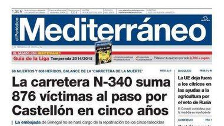 La carretera N-340 suma 876 víctimas al paso por Castellón en cinco años, hoy en la portada de El Periódico Mediterráneo