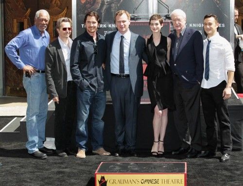 Director Nolan poses with Freeman, Oldman, Bale, Hathaway, Caine and Gordon-Levitt, at his hand and footprint ceremony in Hollywood