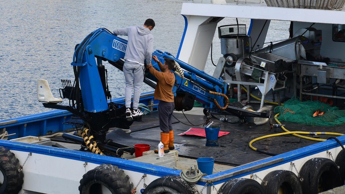 Bateeiros de Moaña, trabajando ayer a bordo en labores de mantenimiento.