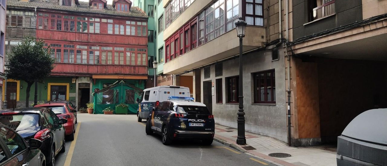 Coches policiales, frente a la sala de Primaria Instancia 3 de Langreo.