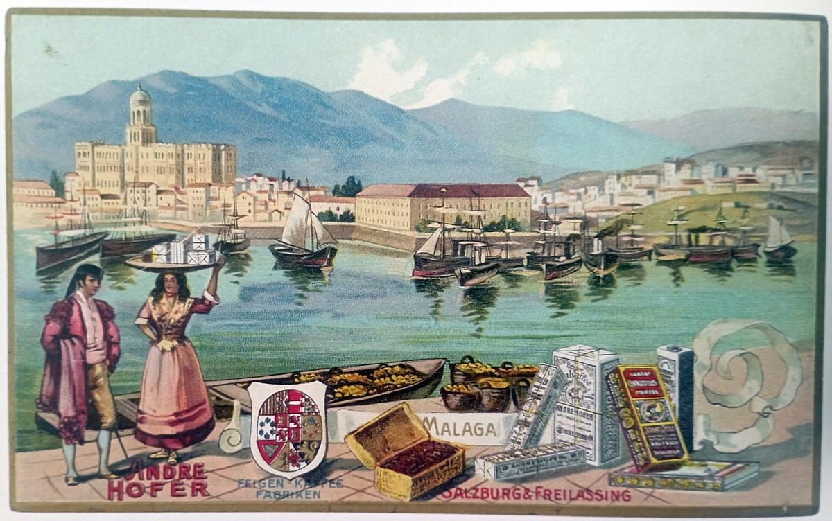 Publicidad con Málaga de protagonista de la casa comercial de café y especias Andre Hofer, fundada en Salzburgo en el XVIII.