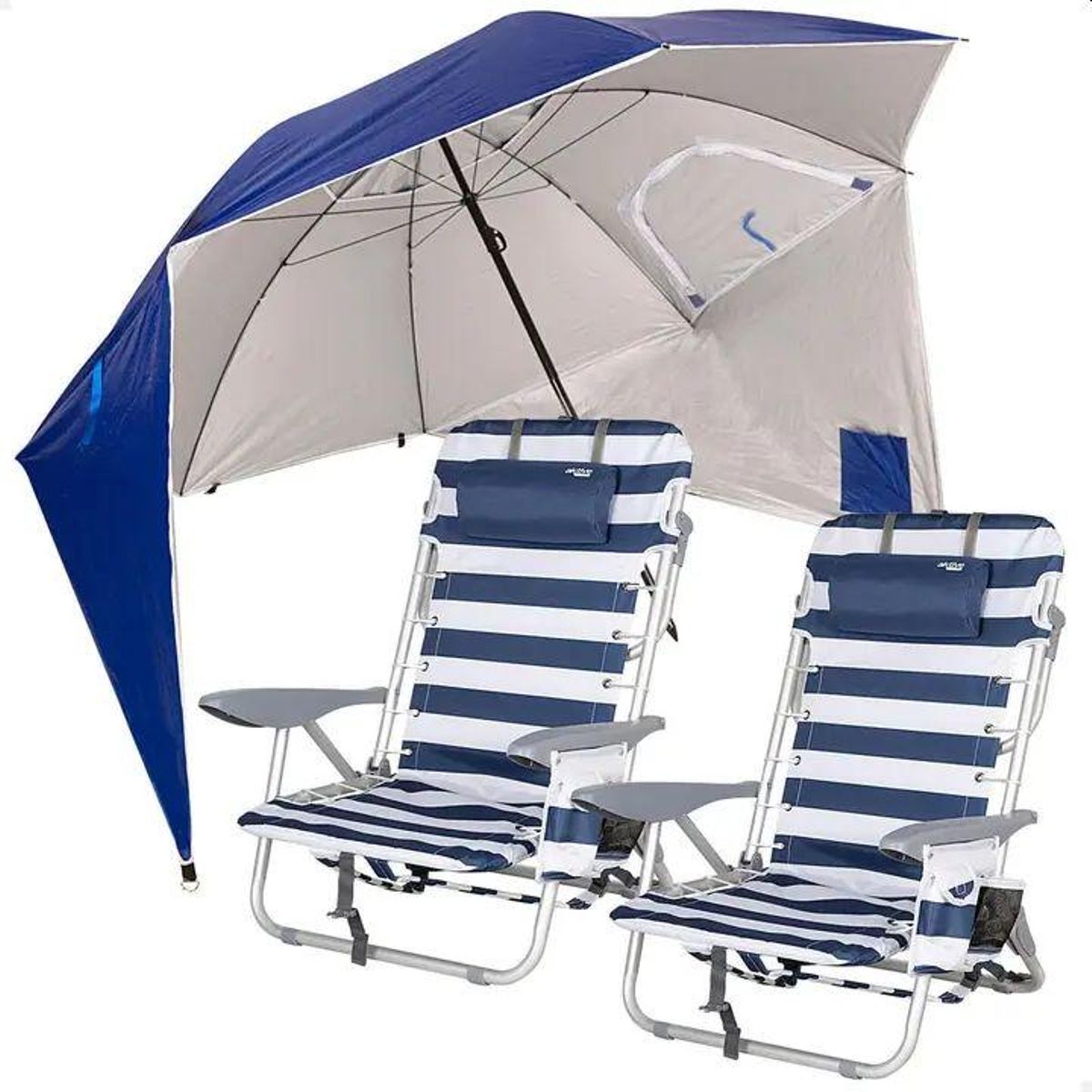 El pack de dos sillas de playa a rayas con cojín y bolsillo y sombrilla 2 en 1 de Aktive en Decathlon.
