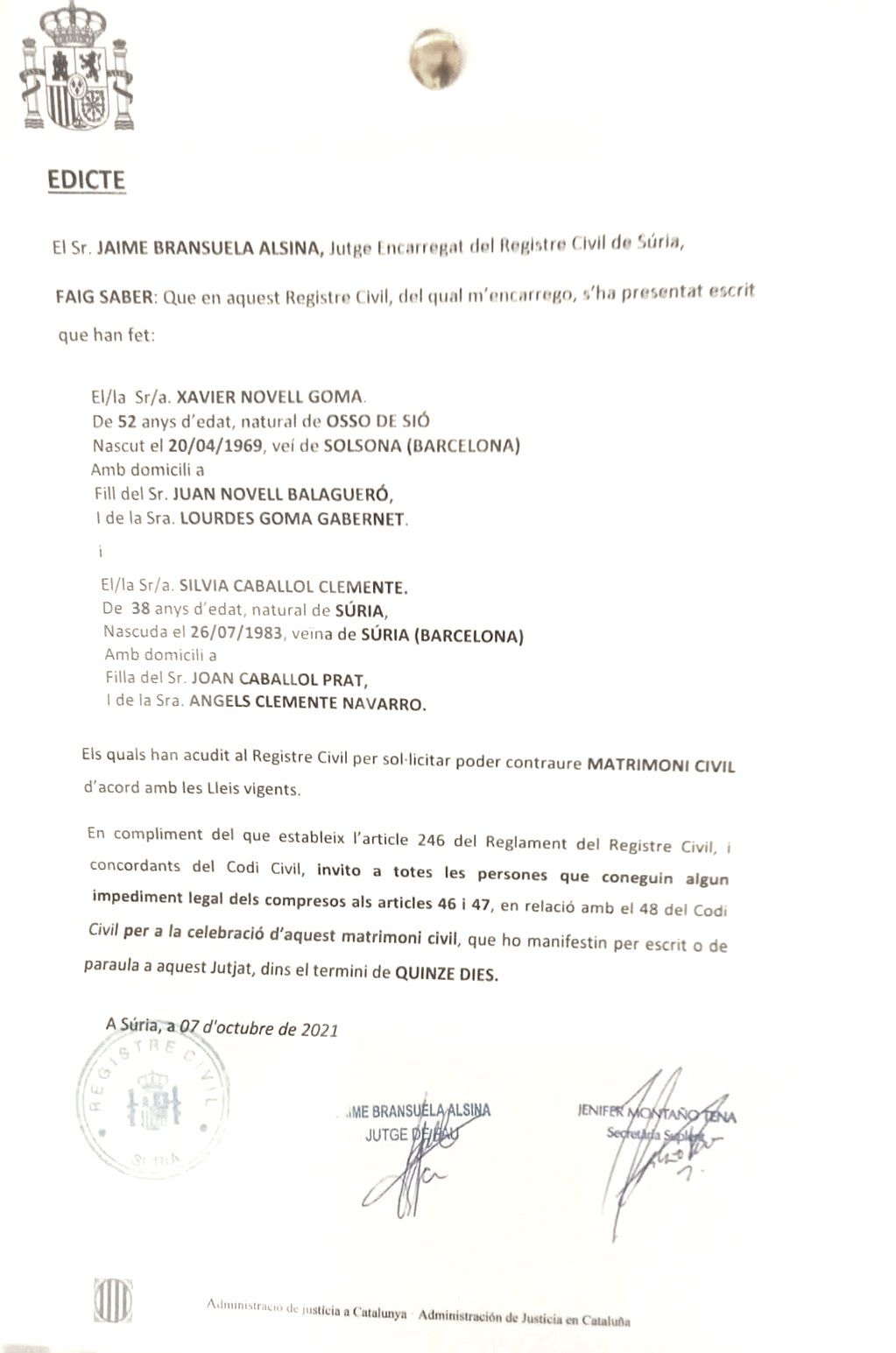 Imatge de la petició cursada al Registre Civil de Súria el 7 d&#039;octubre