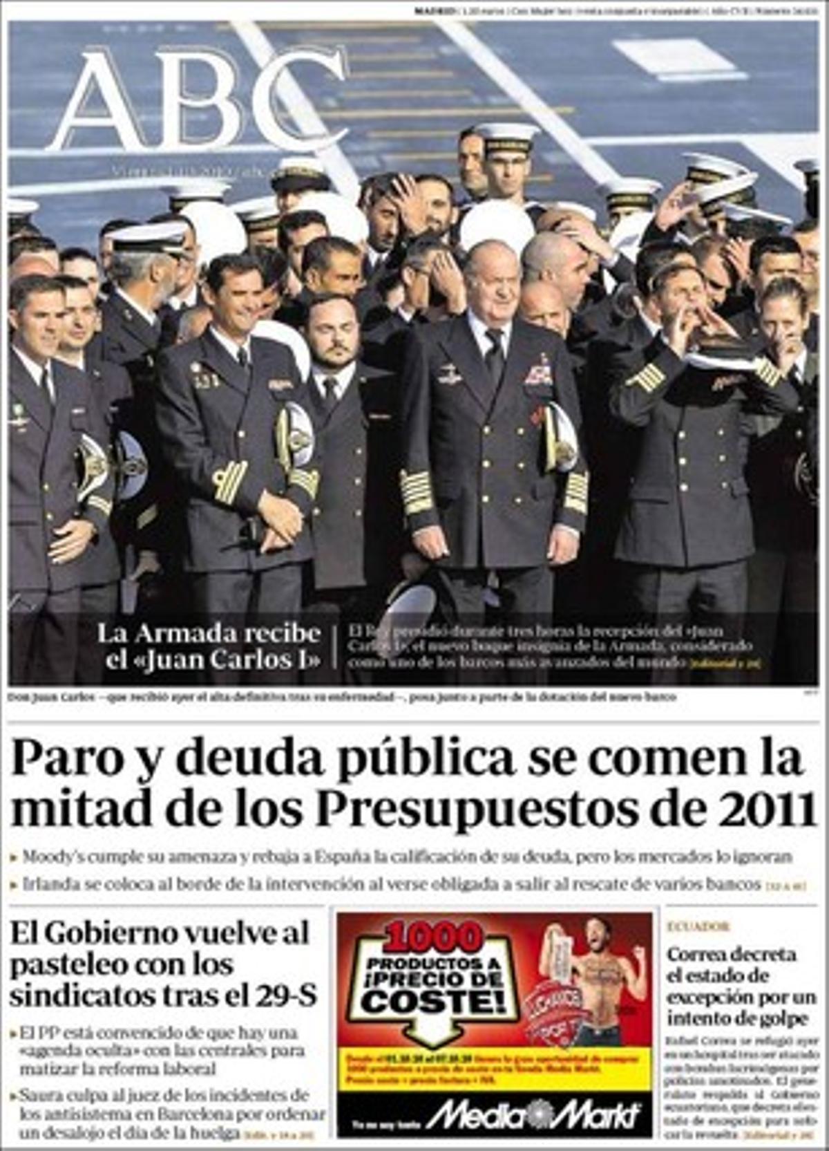 ’Abc’ destaca l’entrega del nou vaixell insígnia de l’Armada espanyola, el portaaeronaus ’L61 Juan Carlos I’, un dels més avançats del món.