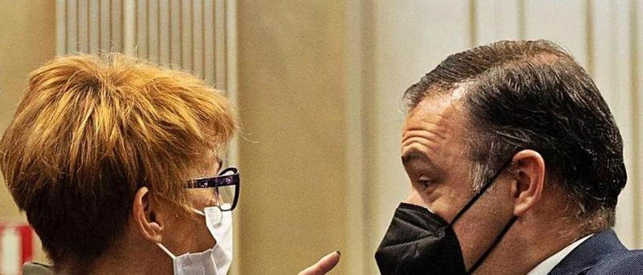 Elena Máñez, consejera de Economía, habla con el diputado del PP Carlos Ester. | | EFE