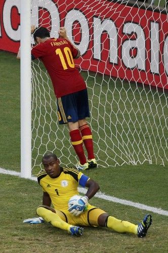 Spain's Fabregas reacts near Nigeria's goalkeeper Enyeama during their Confederations Cup Group B soccer match at the Estadio Castelao in Fortaleza