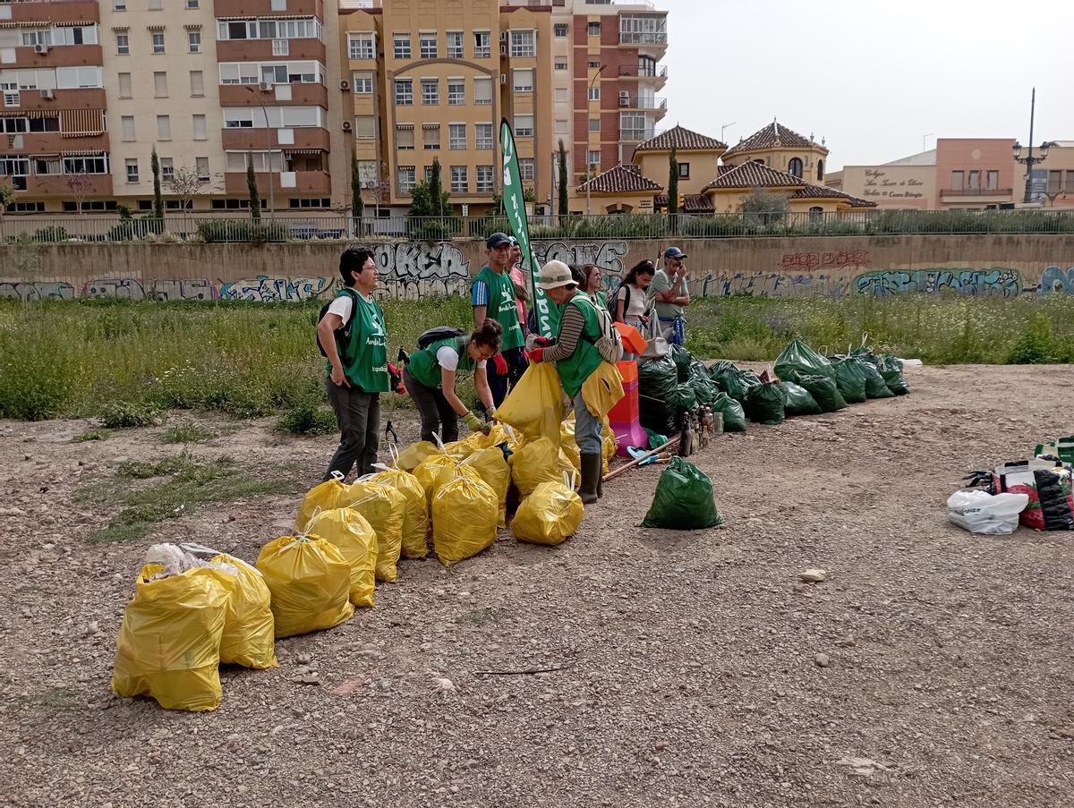 Los voluntarios de Andalimpia van depositando la basura recogida en dos horas del cauce del Guadalmedina y clasificada.