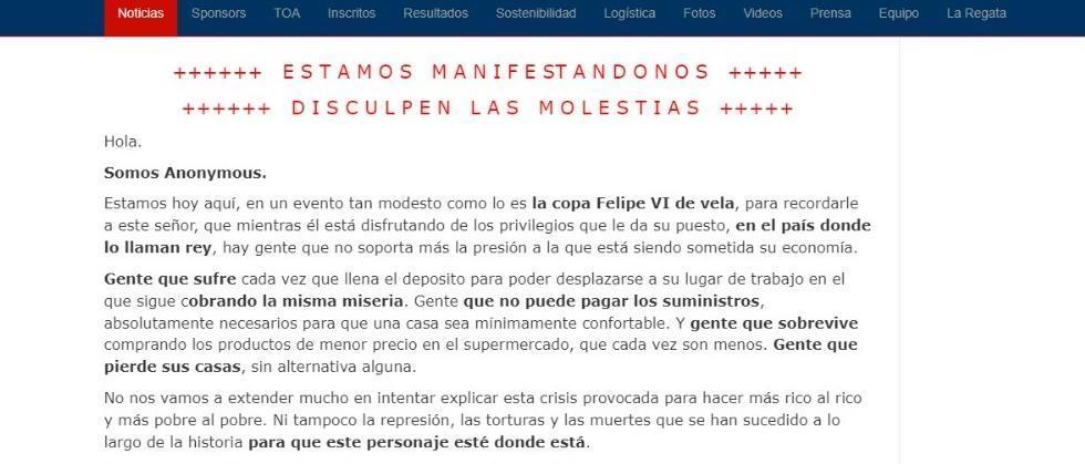 Pantallazo del mensaje de Anonymous en su ataque la web