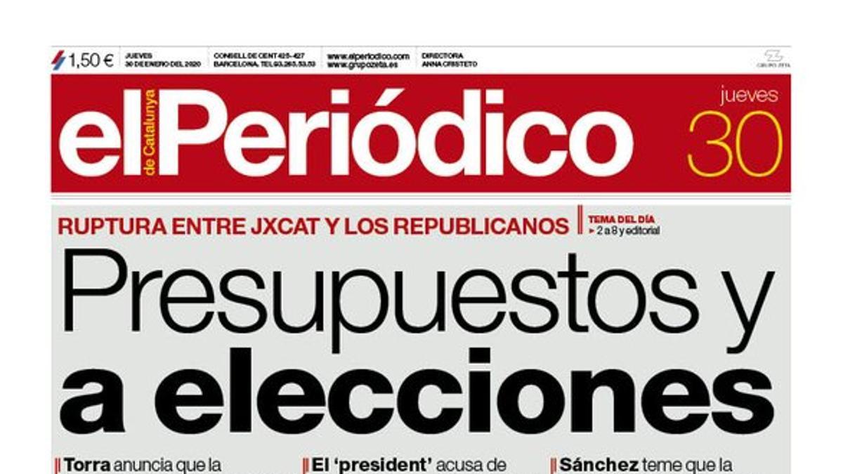 La portada de EL PERIÓDICO del 30 de enero del 2020