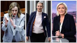 Combo de las lideres de la ultraderecha europea; Meloni,  Weidel  y Le pen