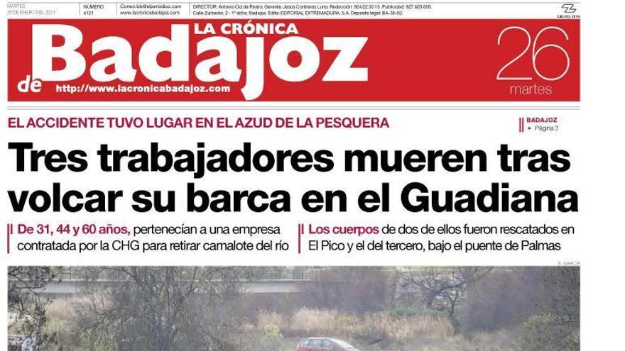 Esta es la portada de LA CRÓNICA DE BADAJOZ correspondiente al día 26 de enero del 2021