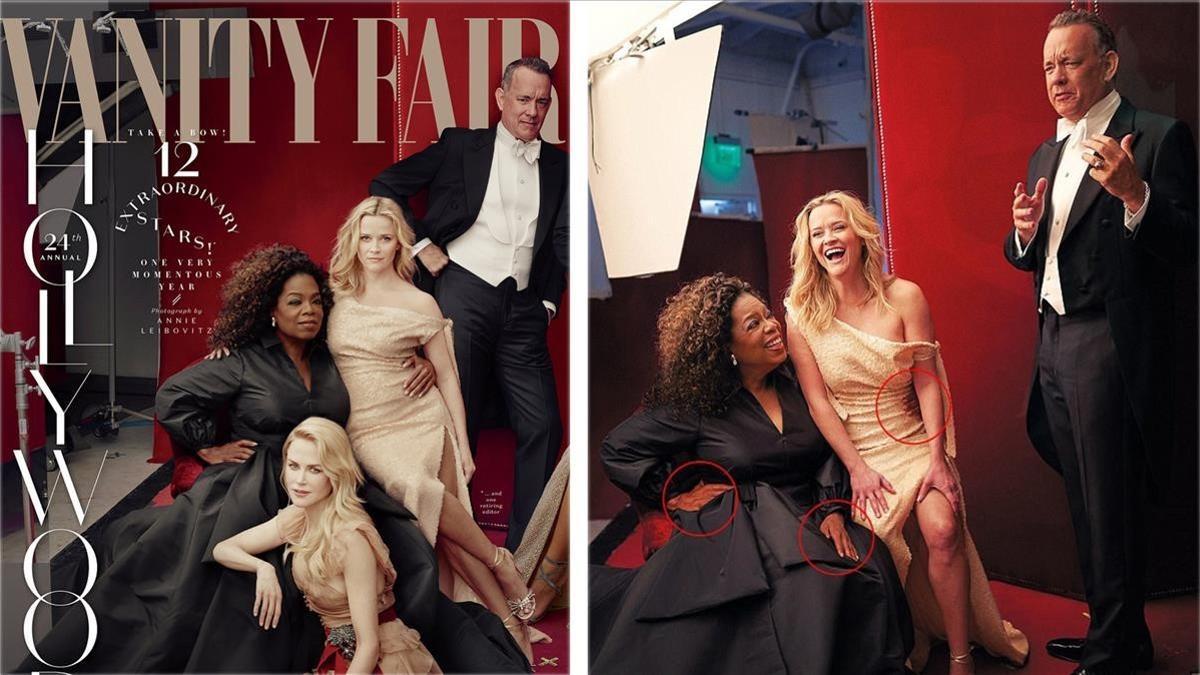 Las polémicas fotos de 'Vanity Fair': a la izquierda, las tres piernas de la actriz Reese Witherspoon y la única de Zendaya. Al lado, tres manos de Oprah Winfrey.