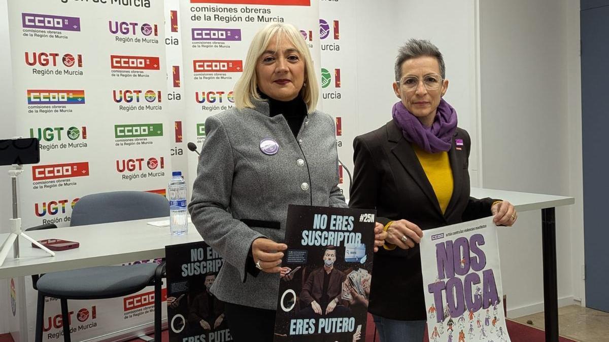 Paqui Sánchez (UGT) y María Ángeles Guevara, este lunes tras la lectura del manifiesto por el 25N.