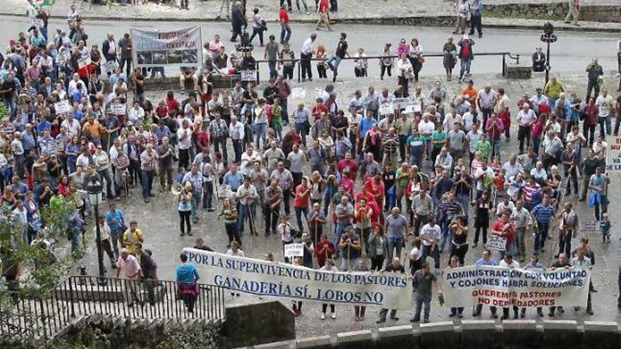 Concentración de pastores contra el lobo, el pasado domingo, en Covadonga.