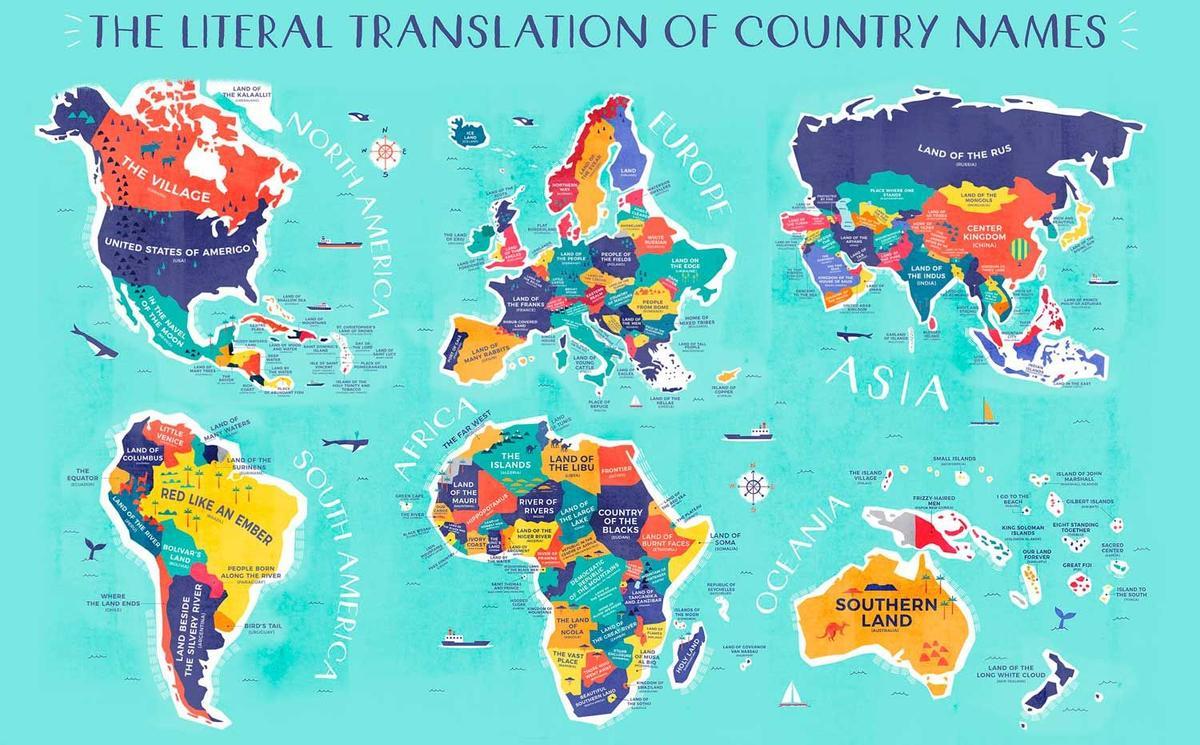 Mapamundi con la traducción literal de los nombres de países