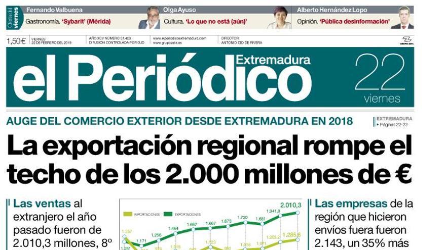 Esta es la portada de EL PERIÓDICO EXTREMADURA correspondiente al día 22 de febrero del 2019