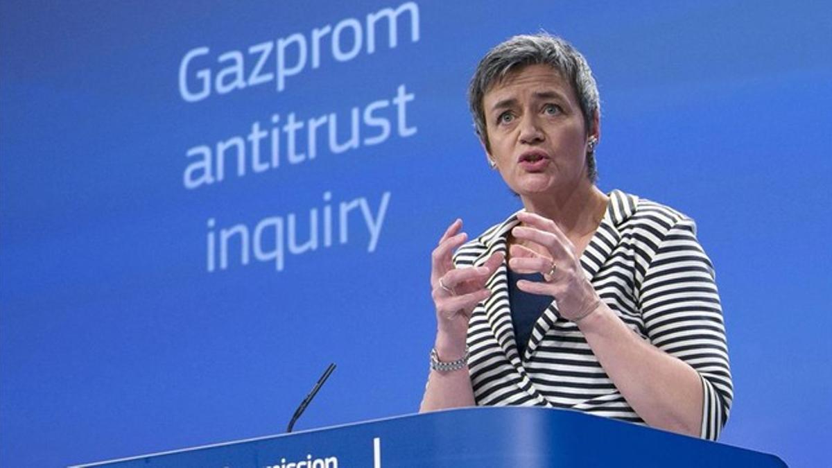 Vestager, en la rueda de prensa sobre Gazprom, este miércoles en Bruselas.