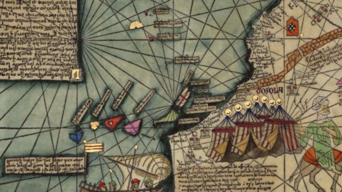 Fragmento del Atlas Catalán (1375), elaborado en Mallorca, reflejo del conocimiento náutico acumulado por navegantes mallorquines y genoveses.