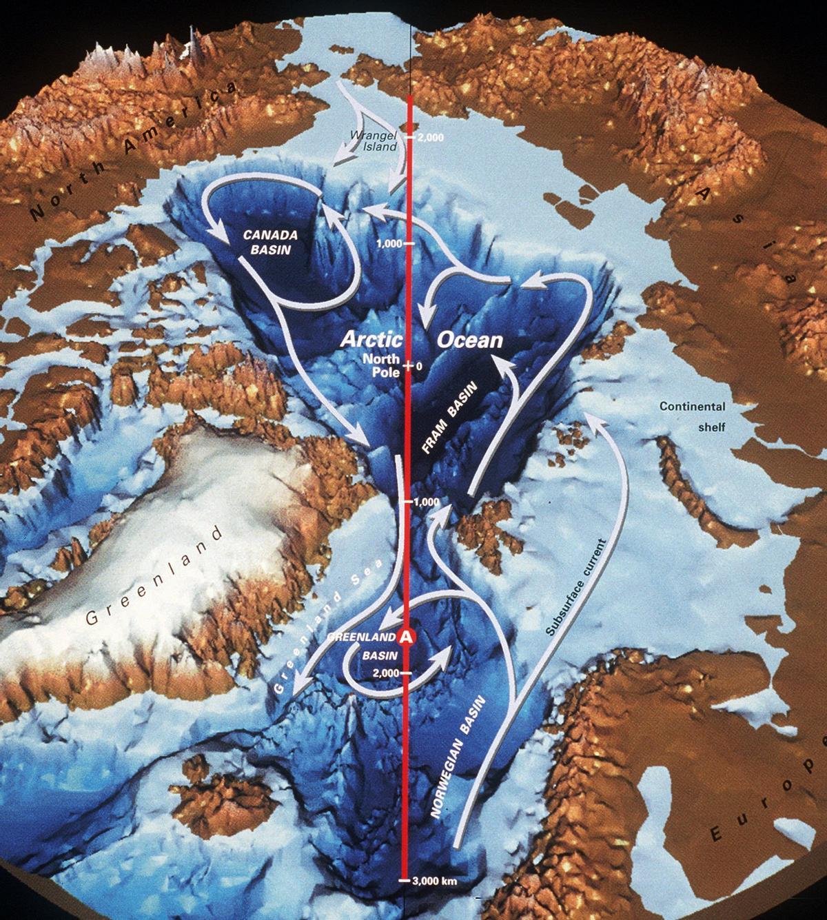 Imagen del océano Ártico y de los países ribereños, incluyendo a la Federación Rusa, EEUU, Canadá, Groenlandia y Noruega.